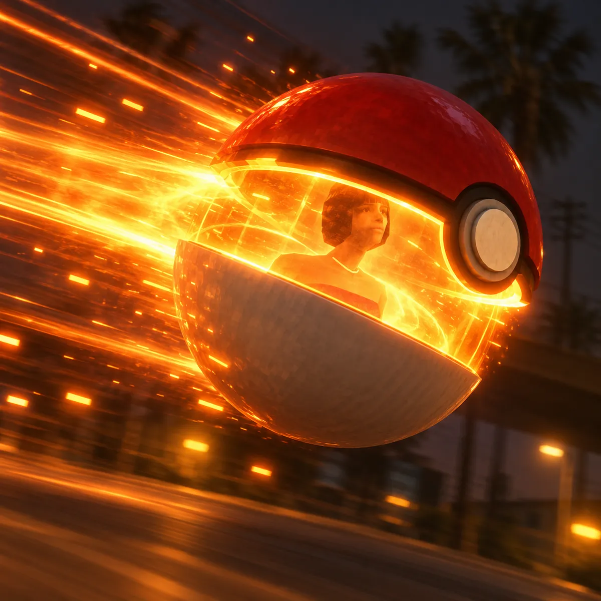 The ball flying down the street at night with Punani inside